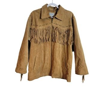 Vintage Leather Tan Suede Fringe Western Jacket Womens Large Full Zip Festival